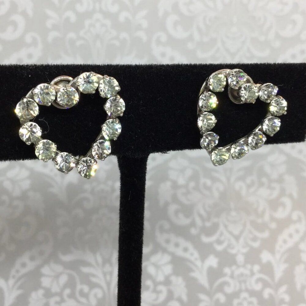 Vintage Krementz Rhinestone Heart Earrings c1950s